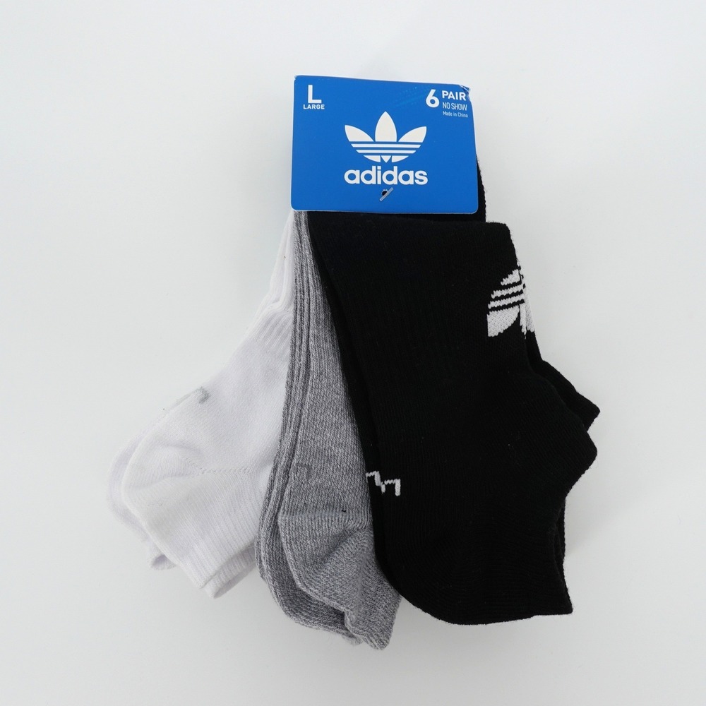 Adidas Originals Mens 6 Pack No Show Socks Black White Grey Large 8-12 NEW
